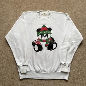 Vtg Christmas Sweatshirt Mens XL Santa Panda White 80s Festive Cute Winter USA